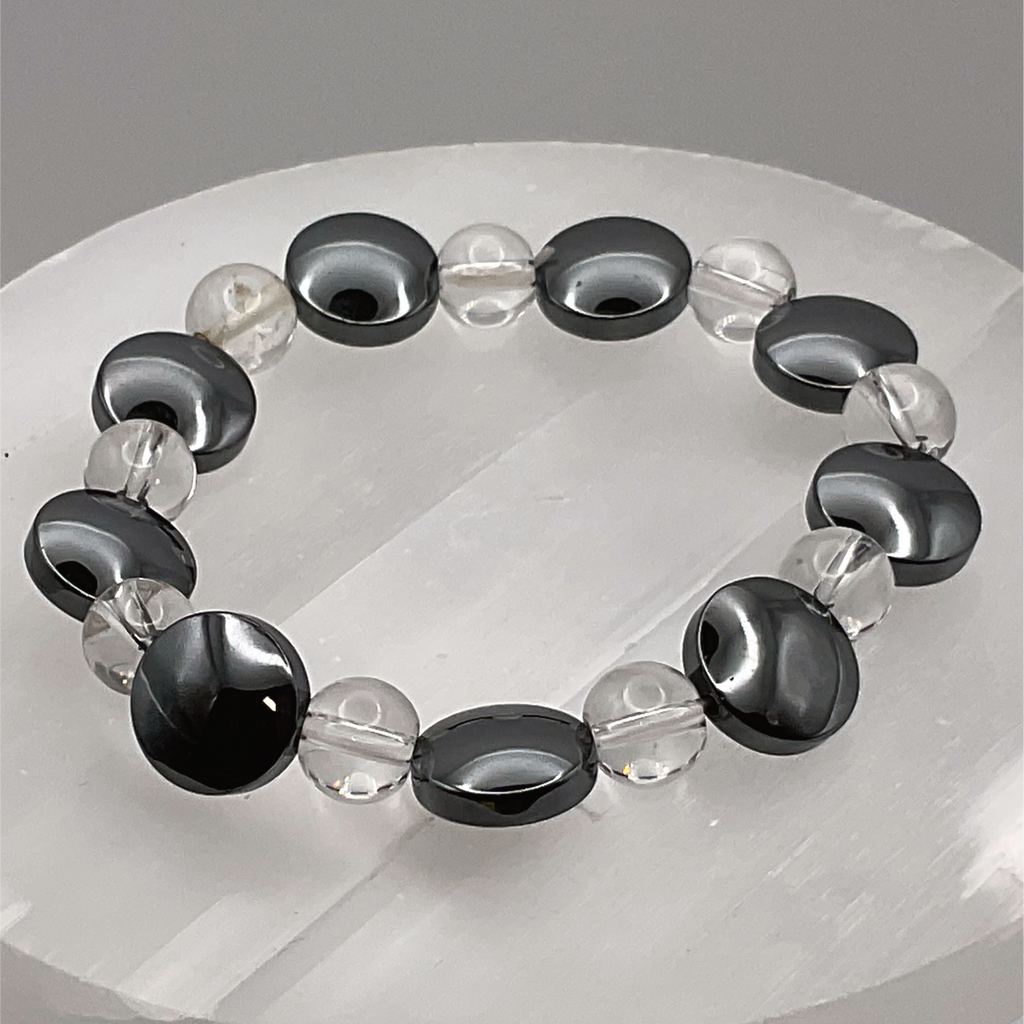Onyx Disc Bead Clear Quartz Bracelet
