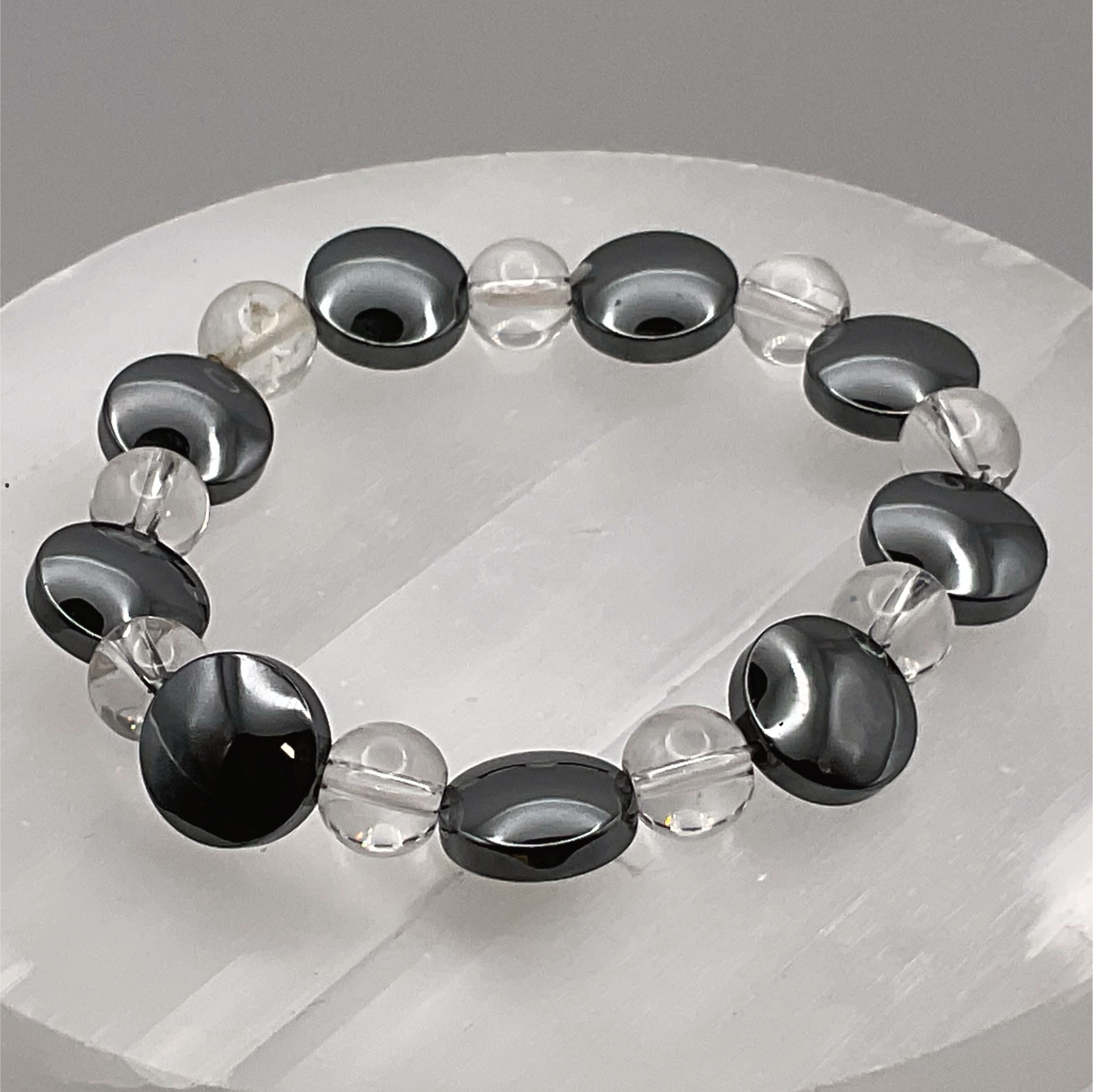 Onyx Disc Bead Clear Quartz Bracelet