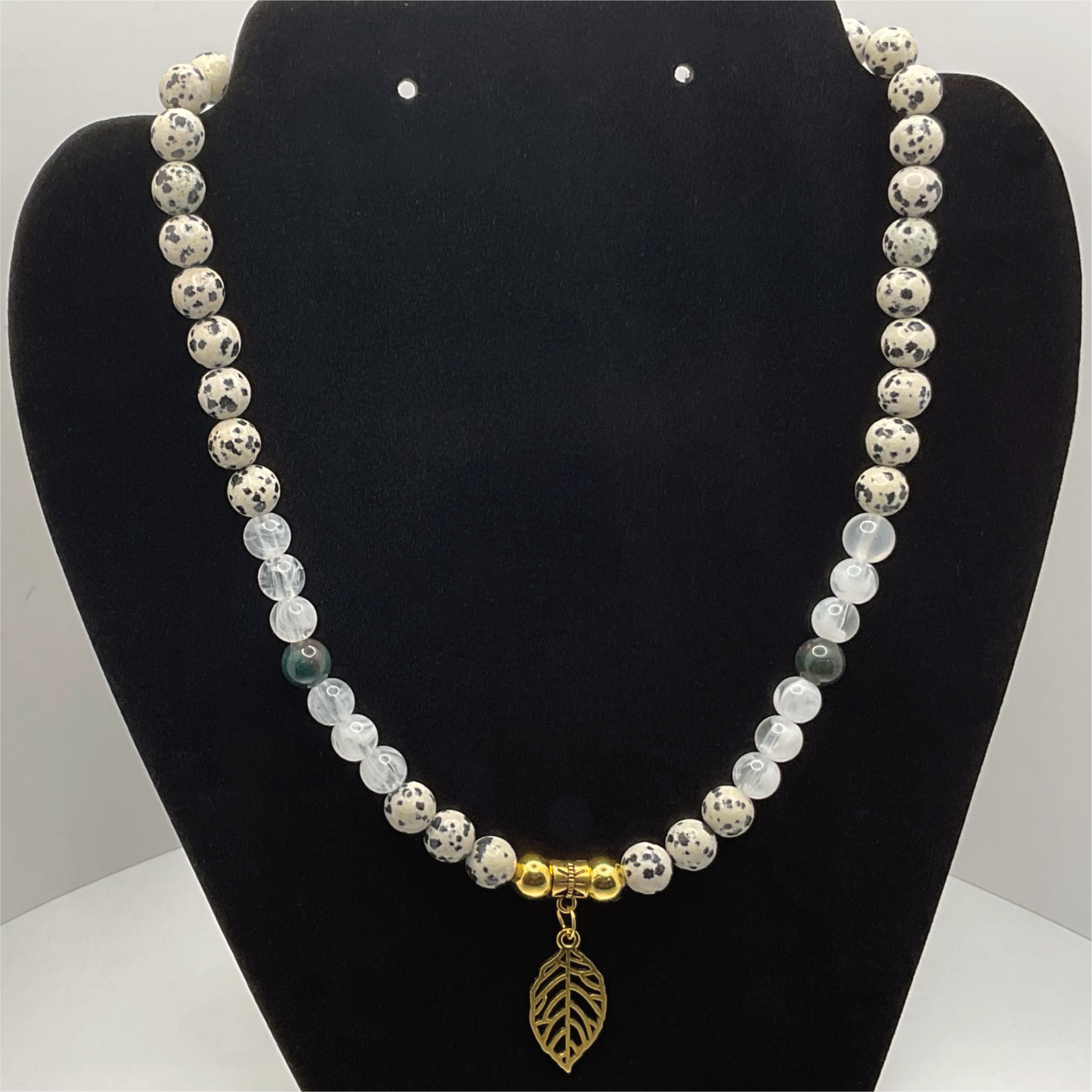 16" Milky Quartz Onyx Tree Agate Leaf Charm Necklace