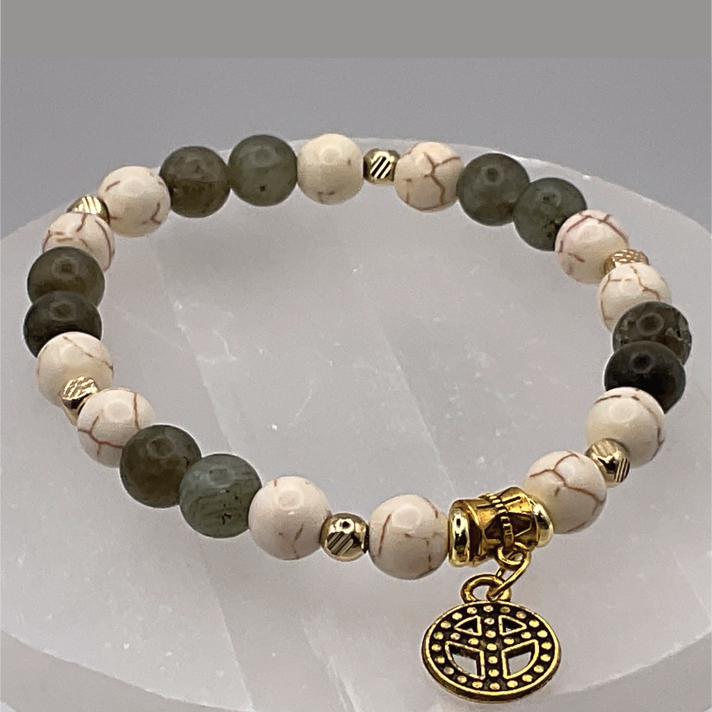 Labradorite Magnesite Peace Charm Bracelet with Gold Tone Spacers