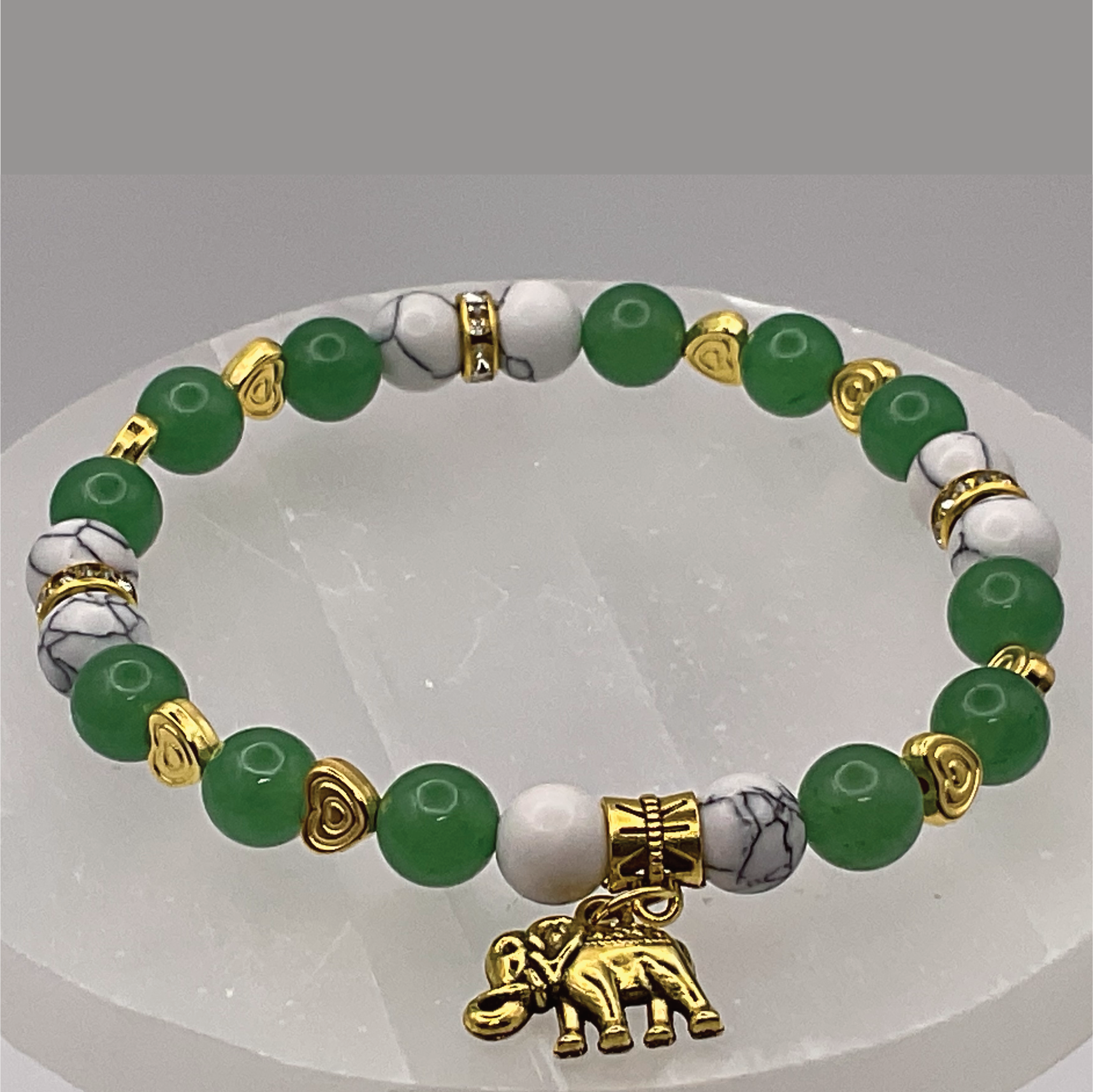 Green Chalcedony Magnesite Elephant Charm Bracelet with Gold Tone Heart Spacers