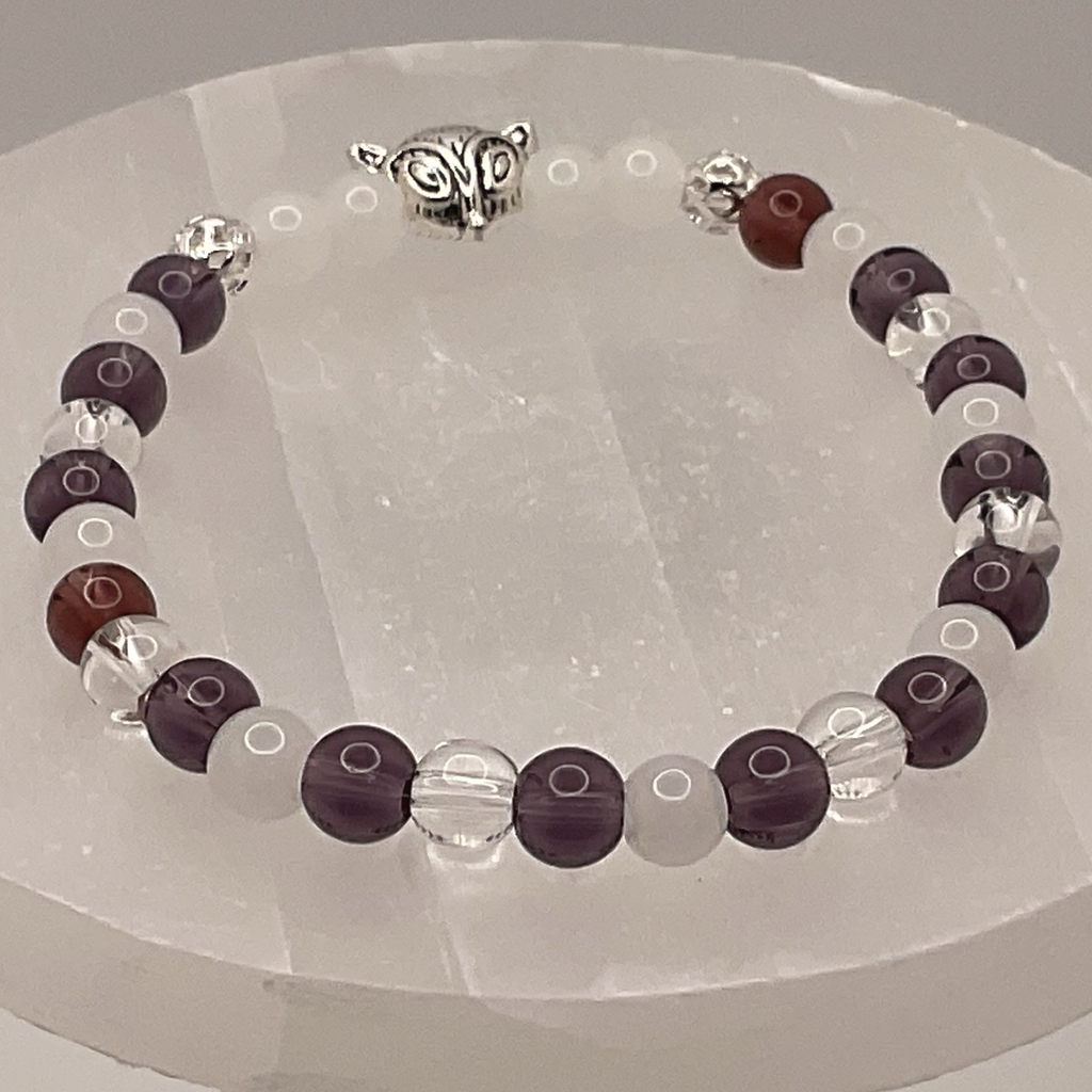 Clear and Milky Quartz Amethyst Fox Charm Bracelet with Silver Tone Spacers