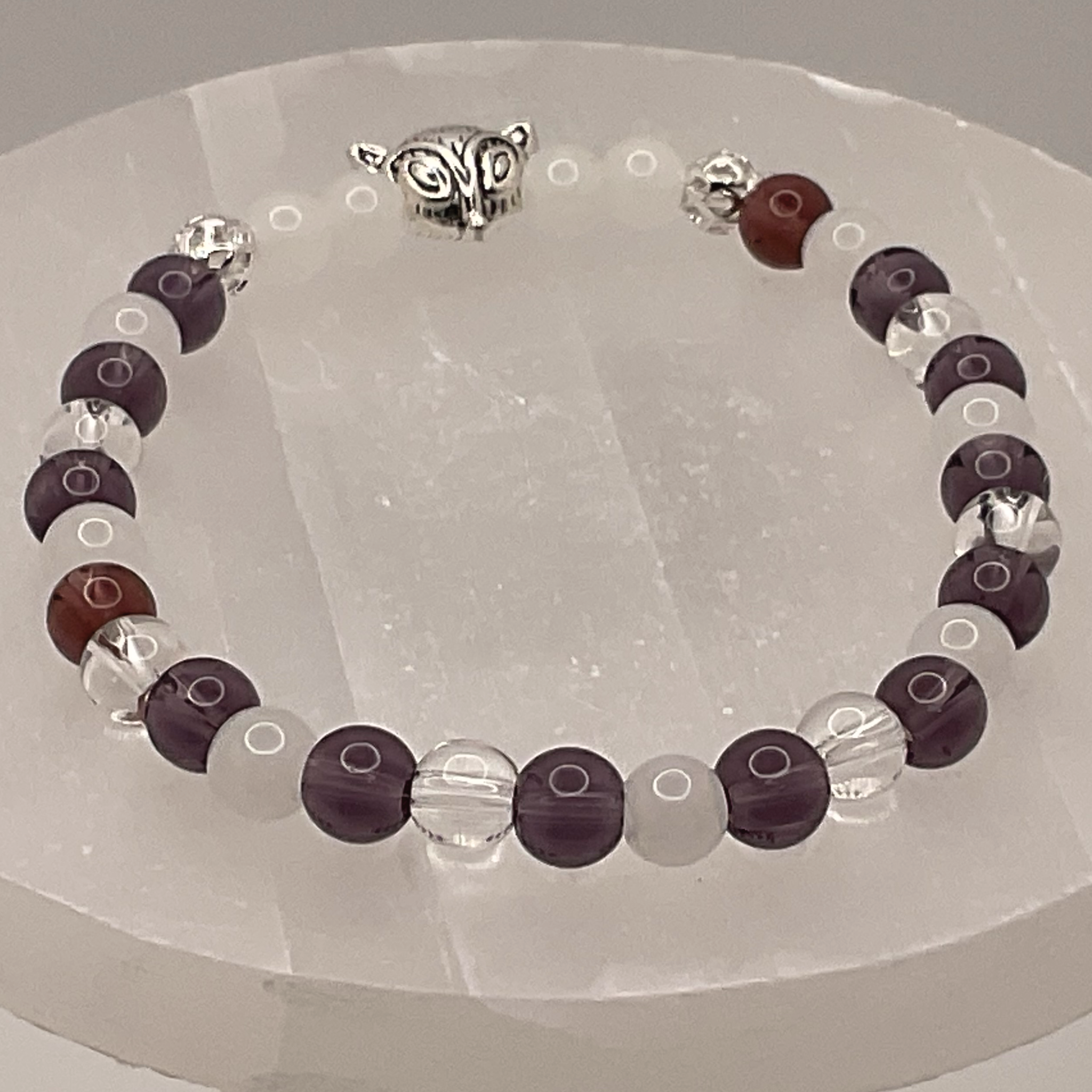 Clear and Milky Quartz Amethyst Fox Charm Bracelet with Silver Tone Spacers
