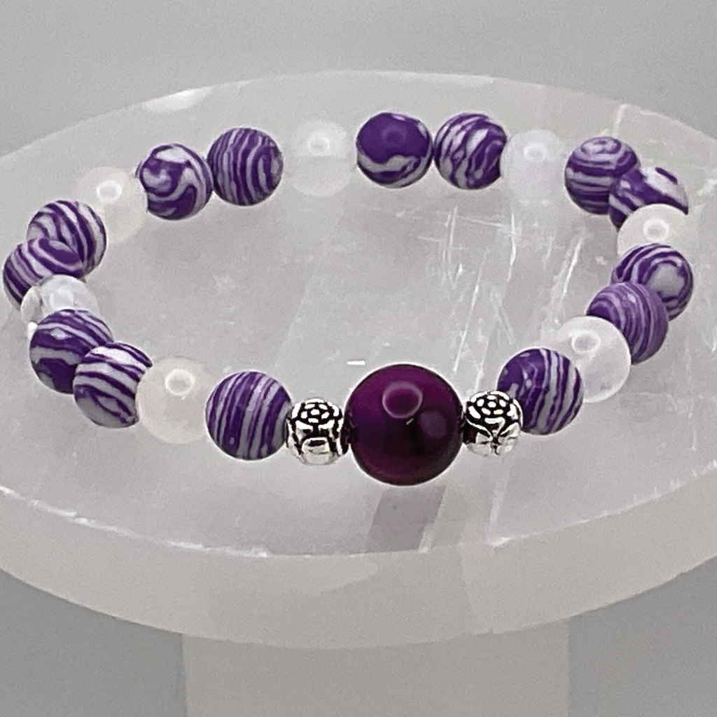 Pulsera de ágata Vena de Dragón Púrpura y cuarzo lechoso con separadores de plata