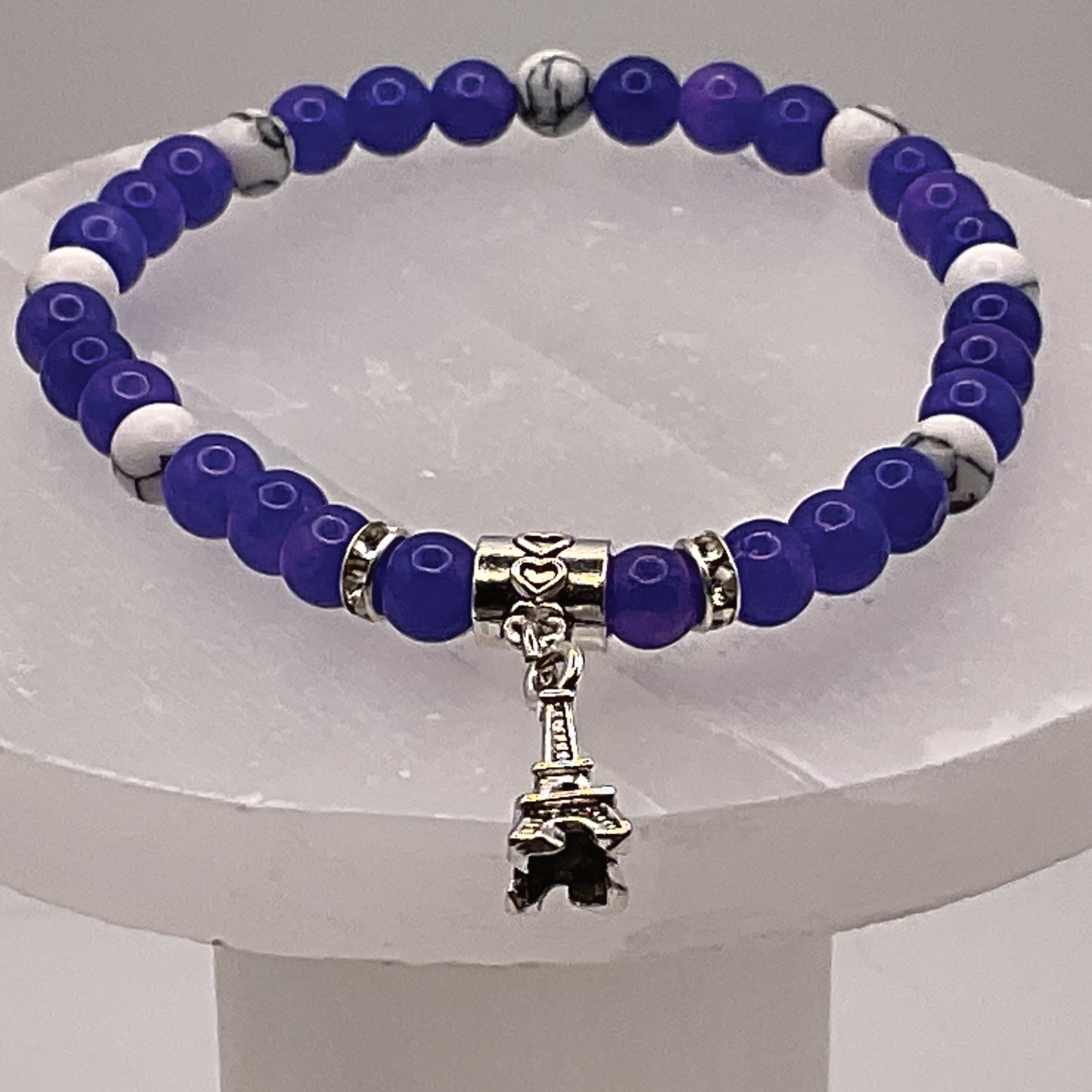 Amethyst Magnesite Eiffel Tower Charm Bracelet with Silver Tone Crystal Spacers