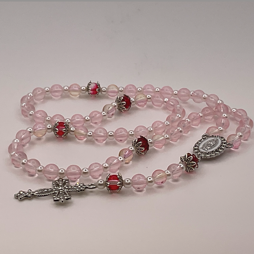 Clear Pink Red Small Full 5 Decade Silver Rosary