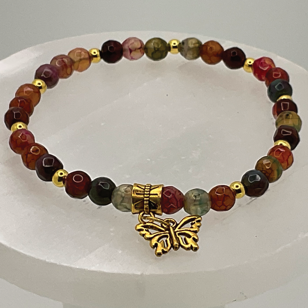 Carnelian Agate Butterfly Charm Bracelet with Gold Spacers