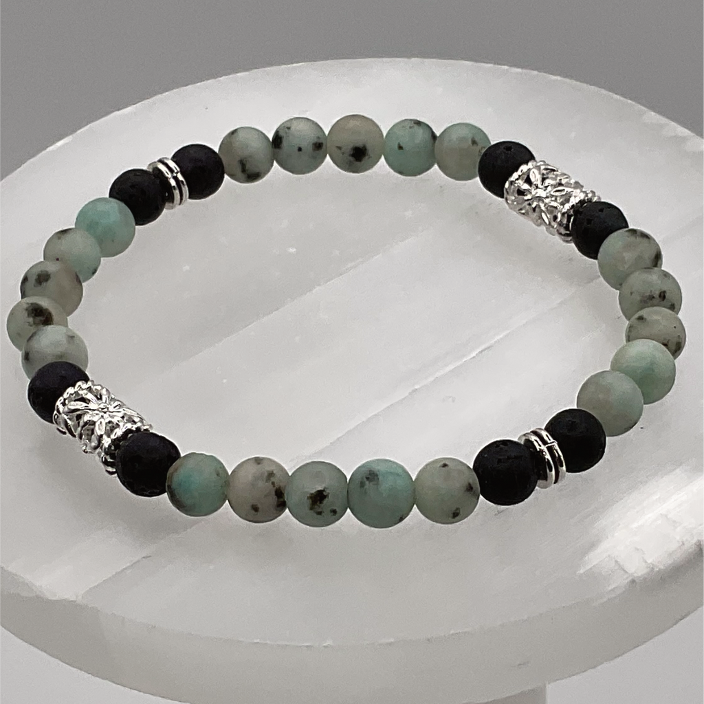 Green Jasper Lava Bracelet with Silver Tone Spacer