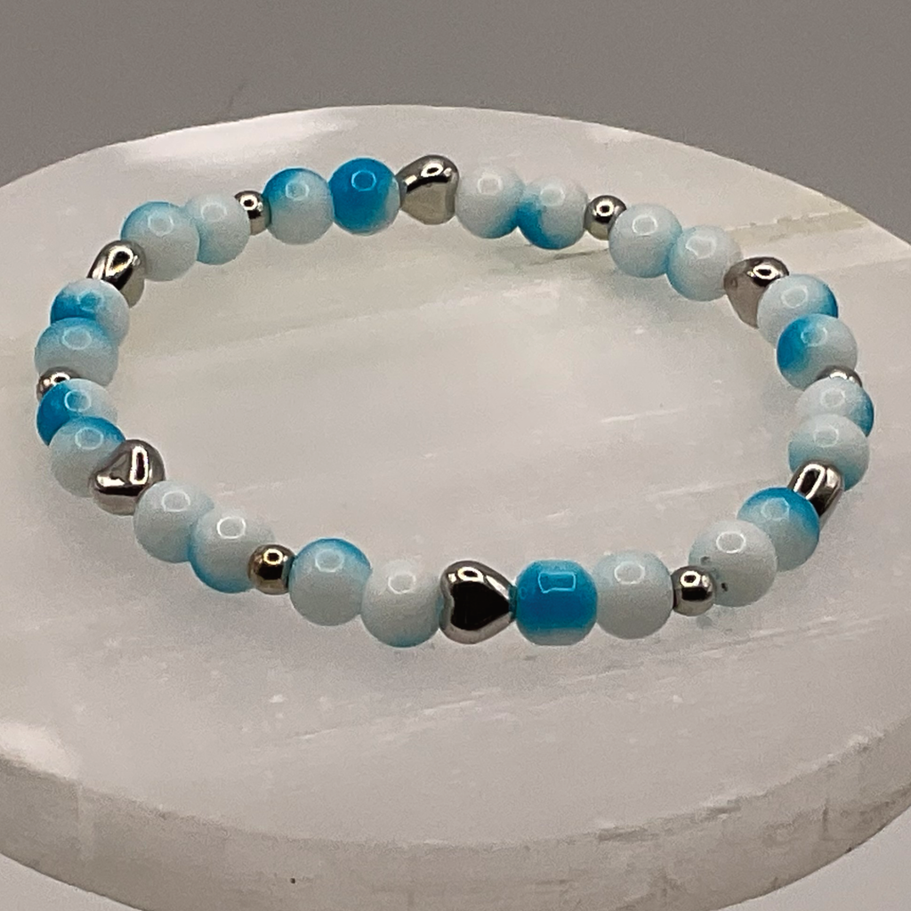 Blue White Glass Bracelet with Silver Heart Spacers