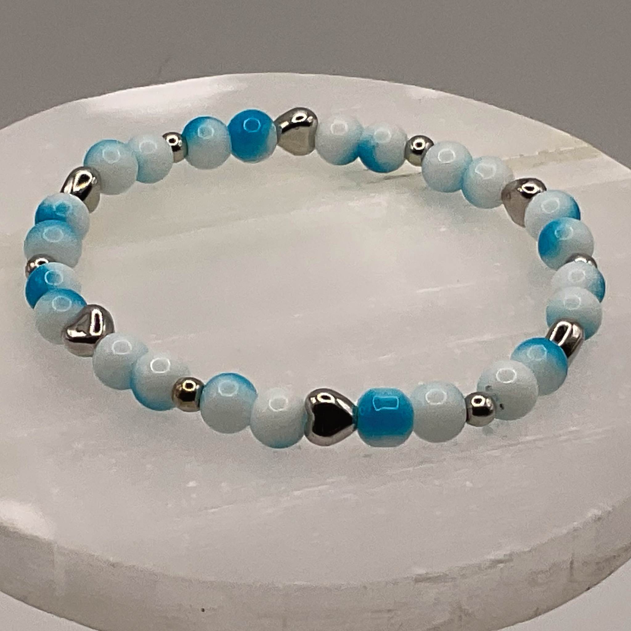 Blue White Glass Bracelet with Silver Heart Spacers