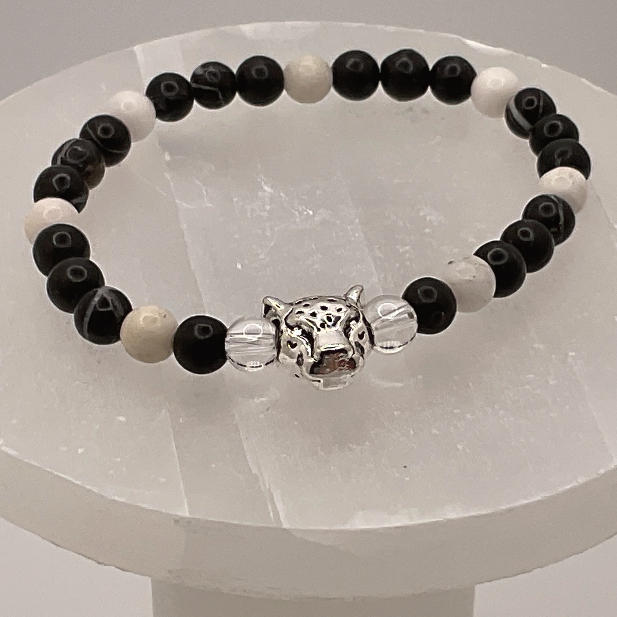 Clear and Milky Quartz Black Agate Jaguar Charm Bracelet