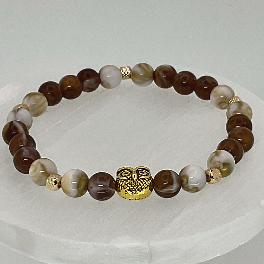 Mookaite Oriental Agate Owl Charm Bracelet with Gold Spacers