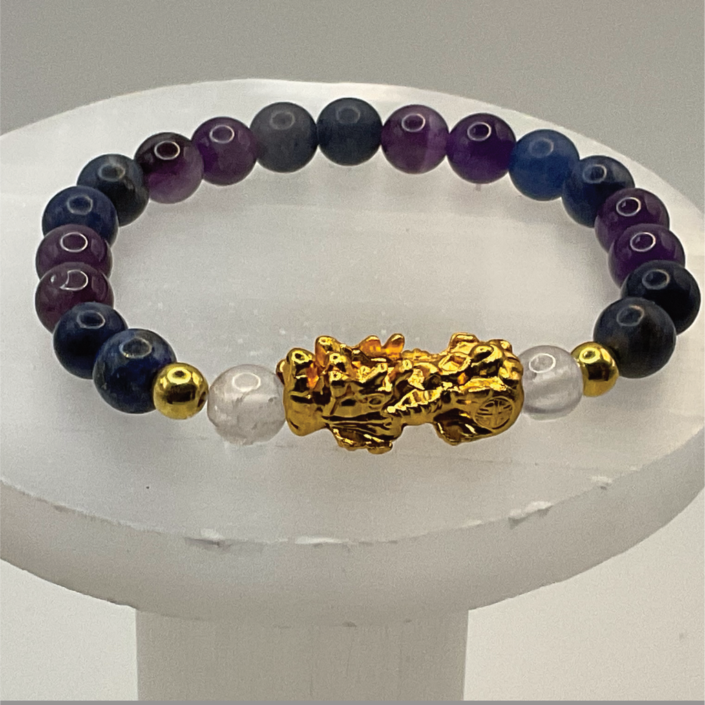 Canadian Blue Stone Clear Quartz Pixiu Dragon Charm Bracelet with Gold Tone Spacers