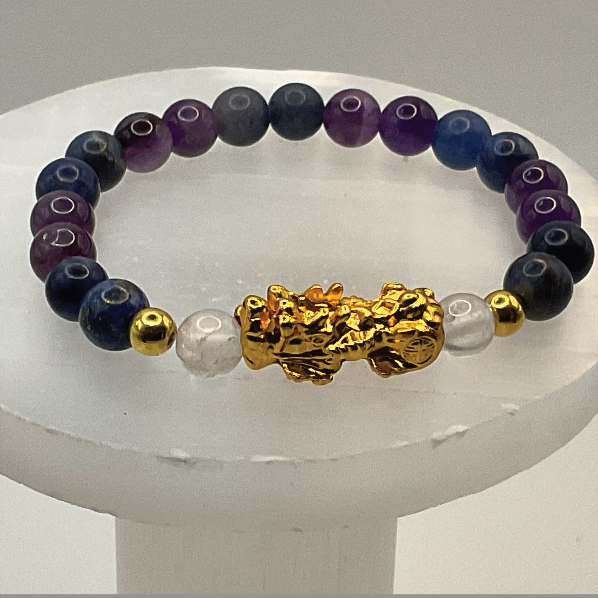 Canadian Blue Stone Clear Quartz Pixiu Dragon Charm Bracelet with Gold Tone Spacers