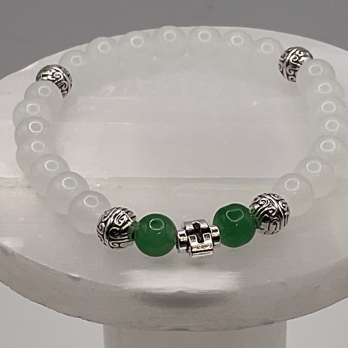 White Green Silver Charm Glass Bracelet with Silver Spacers