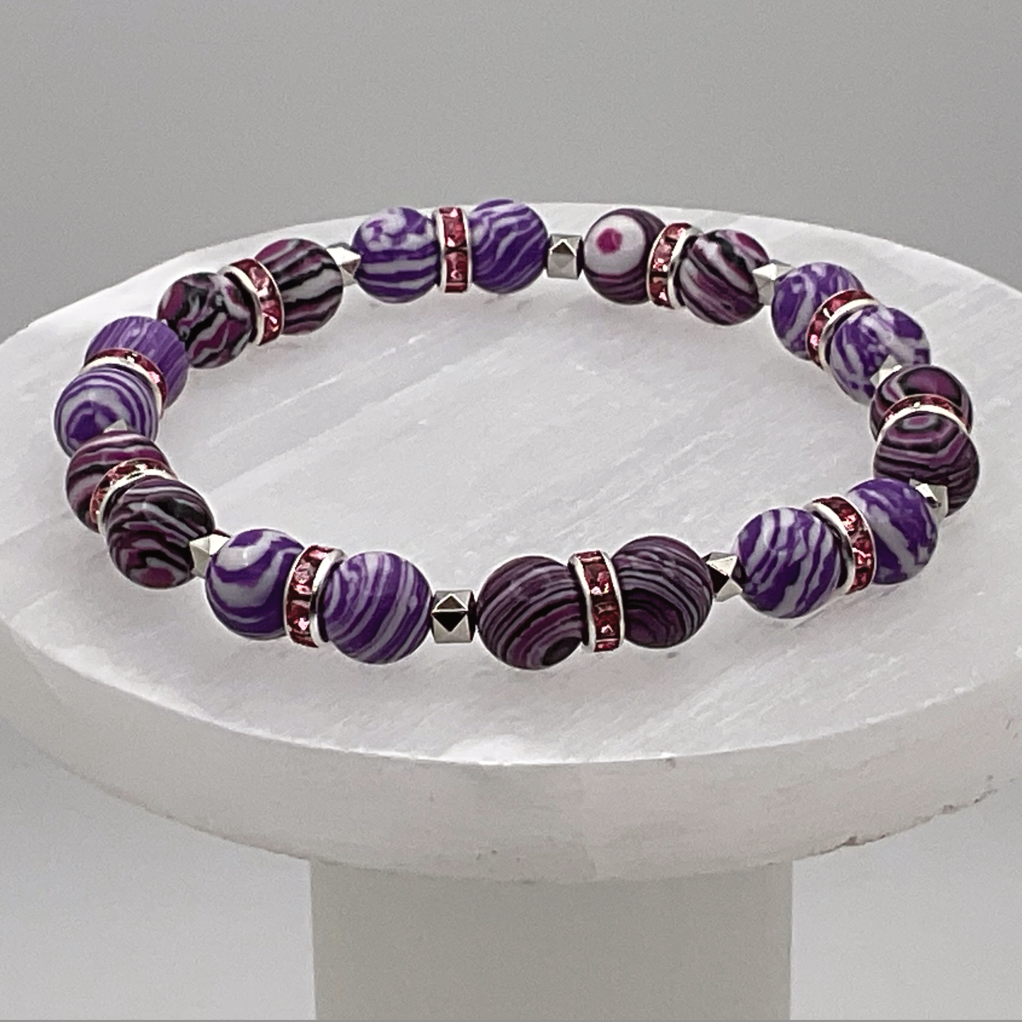Pulsera de Ágata Vena de Dragón Púrpura con Separadores de Cristal Plateados