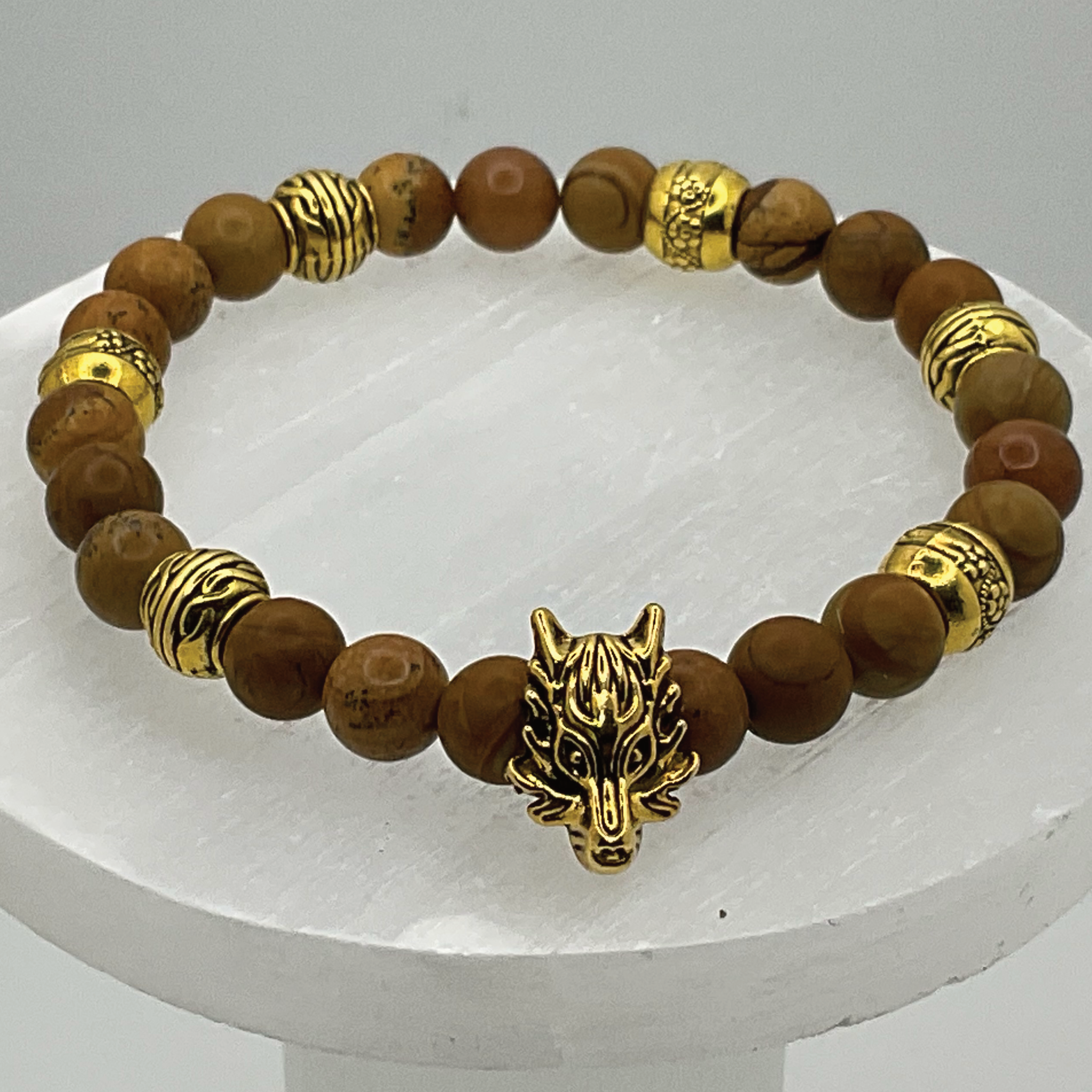Yellow Jasper Wolf Charm Bracelet with Gold Spacers