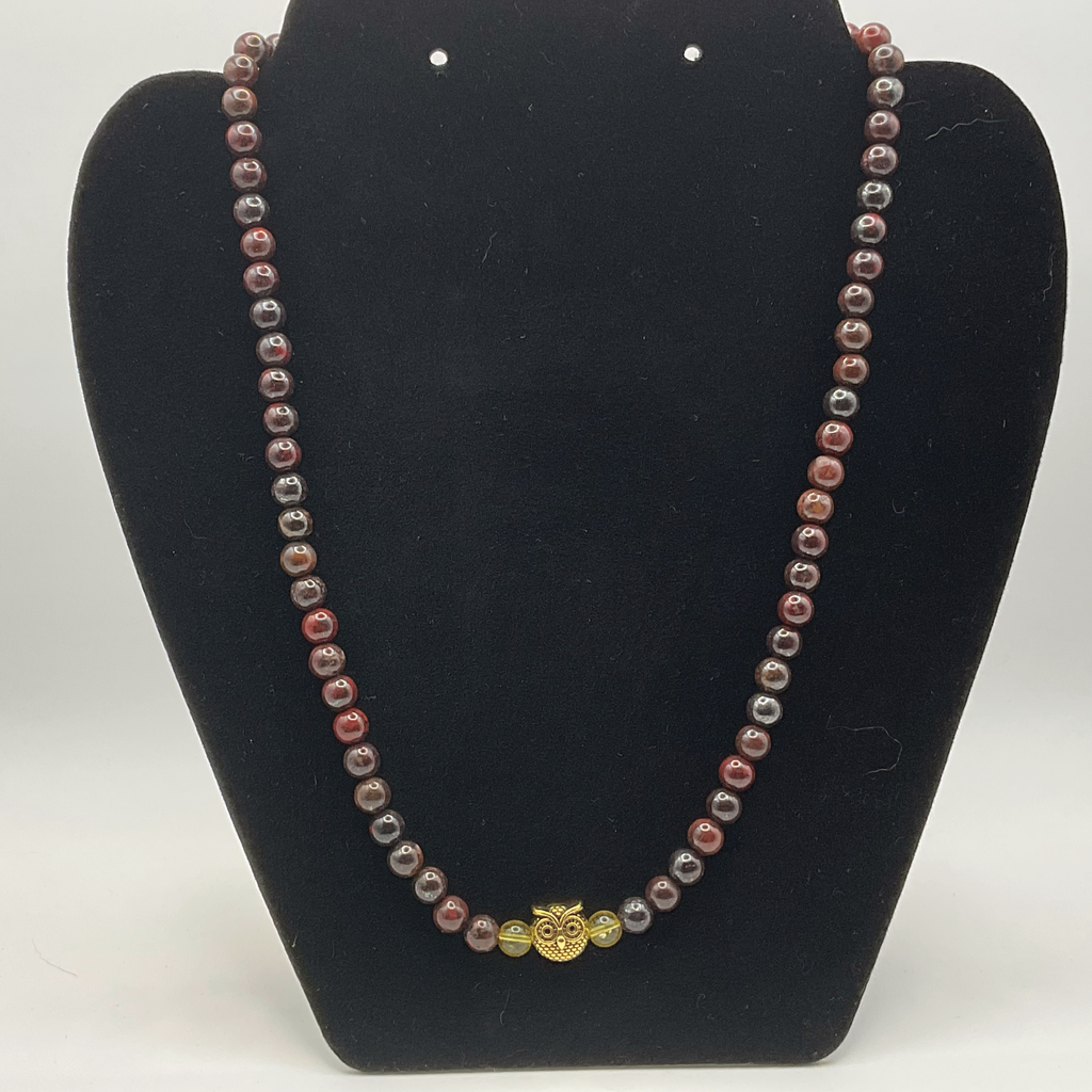 18" Brecciated Jasper Pixiu Owl Charm Necklace