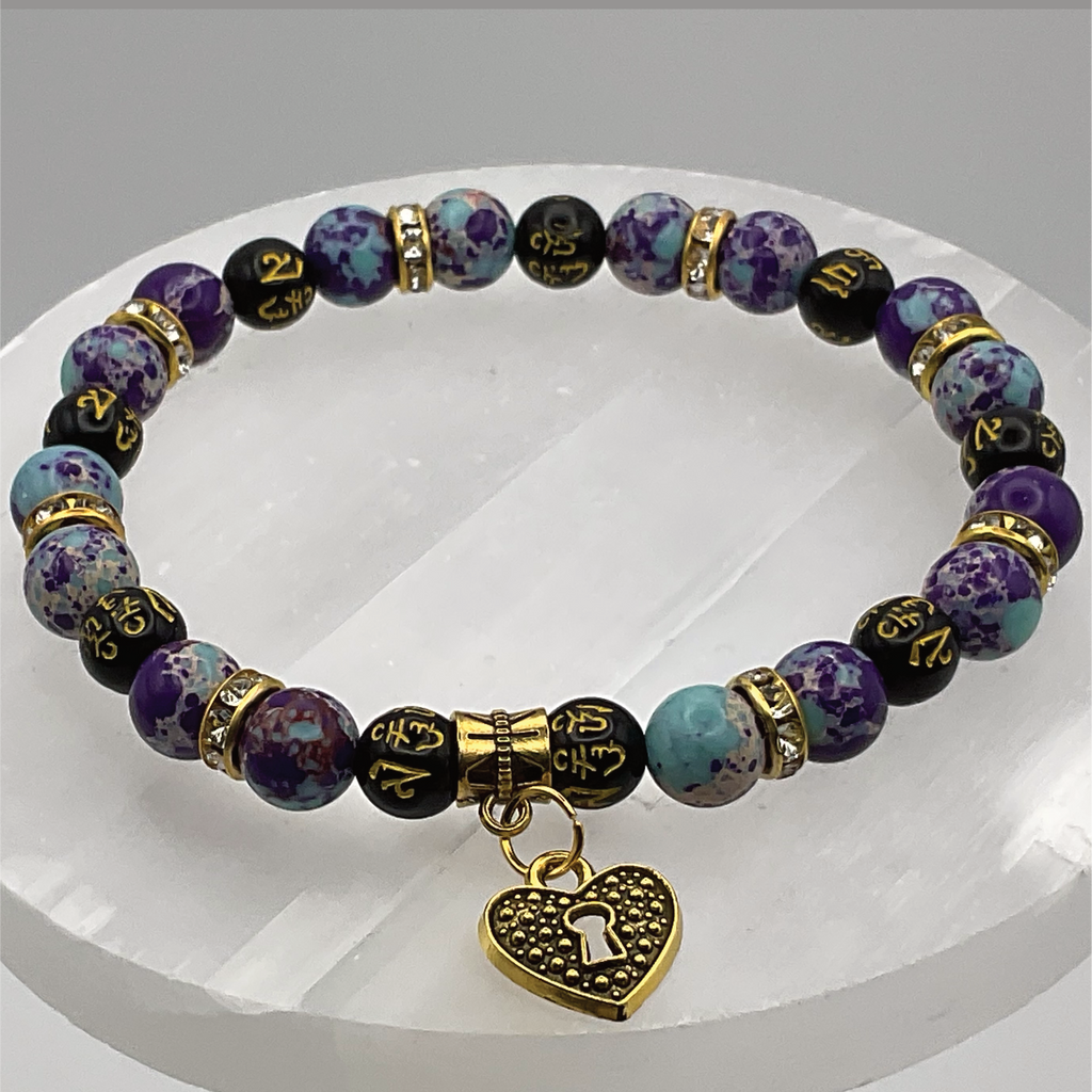 Imperial Jasper Black Pixiu Lock Heart Charm Bracelet with Gold Tone Spacers