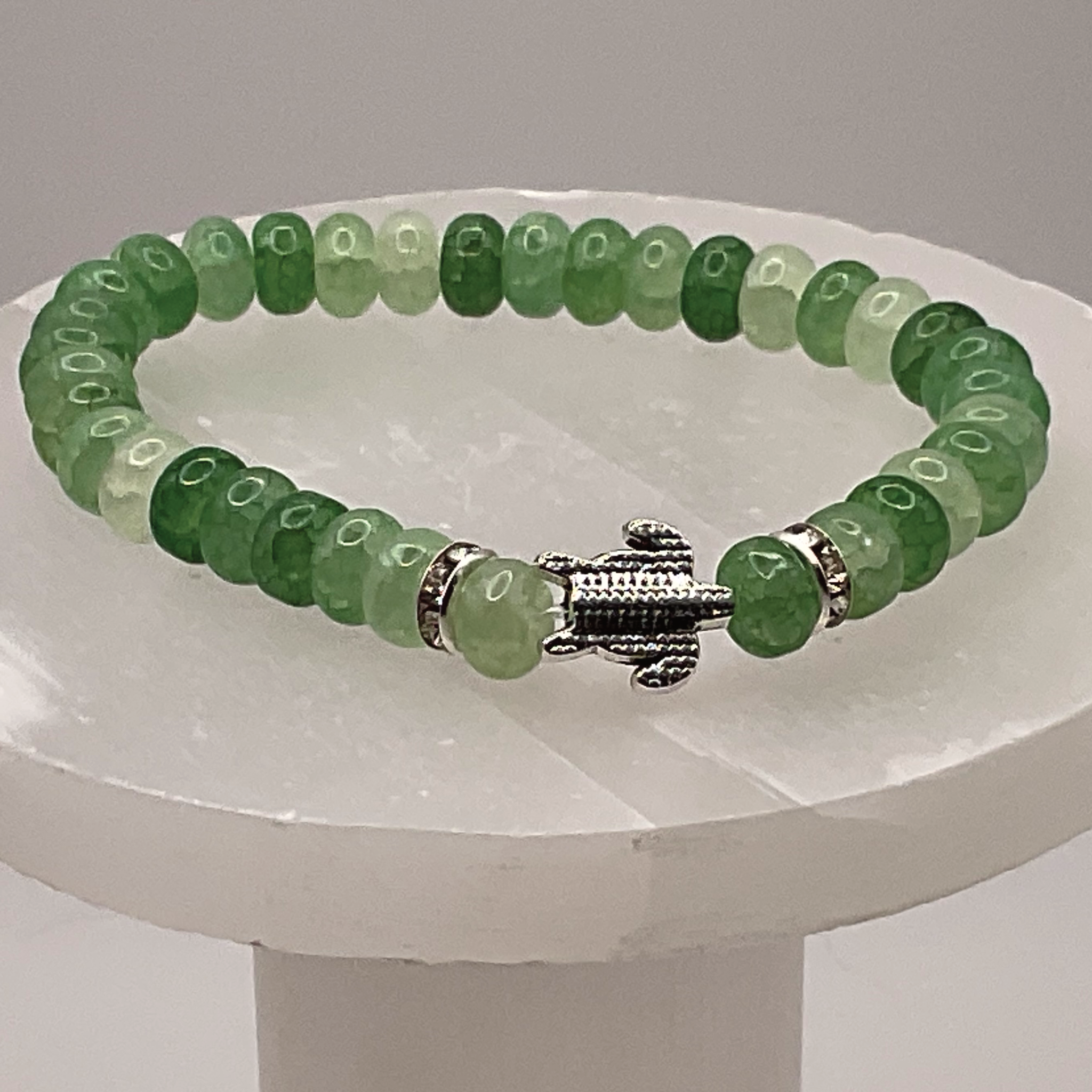 Jadeite Turtle Charm Bracelet with Silver Tone Crystal Spacers