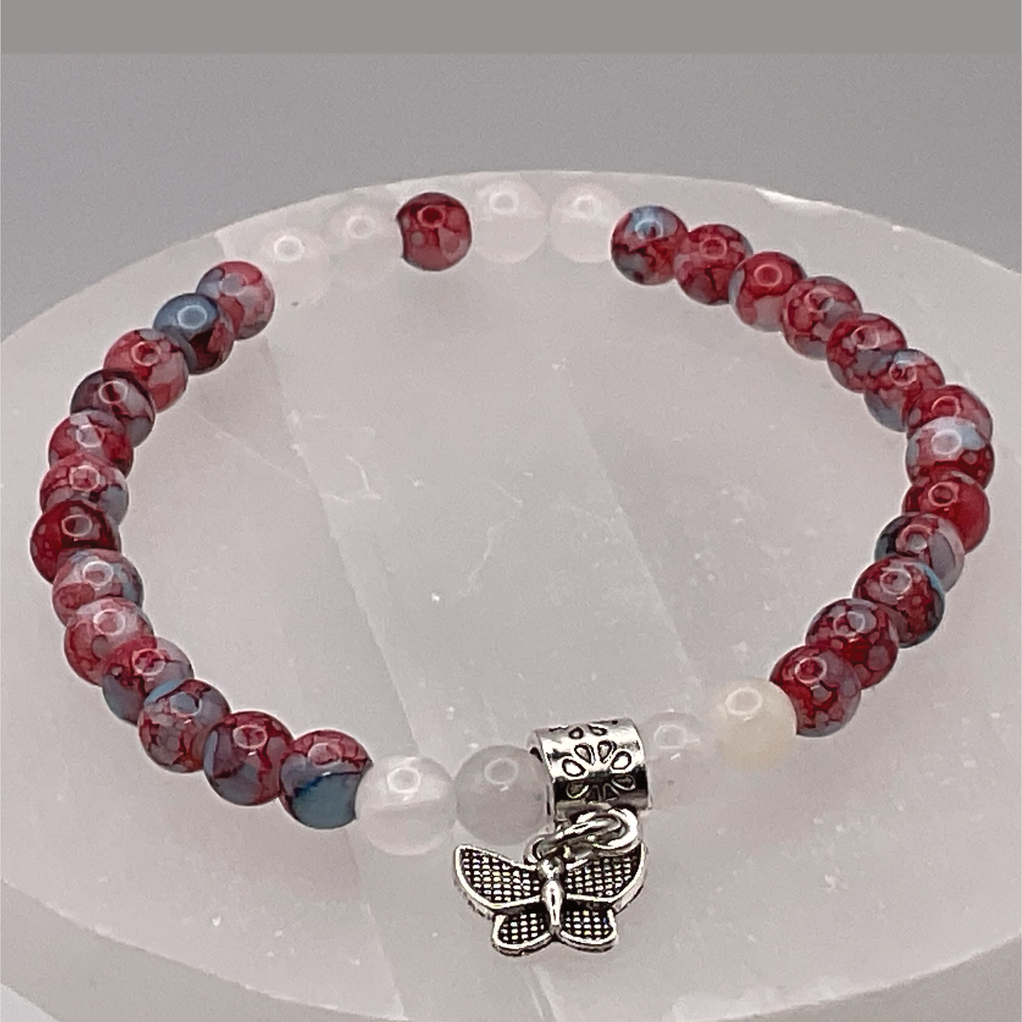 Blue-Red Dragon Agate Milk Quartz Butterfly Charm Bracelet