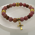 Pink Opal Holy Cross Charm Bracelet with Gold Spacers
