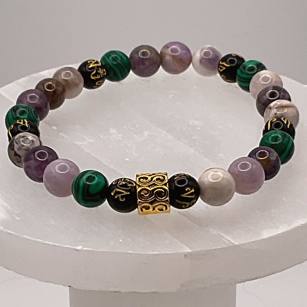 Malachite Amethyst Black Pixiu Bracelet with Gold Tone Barrel Spacer