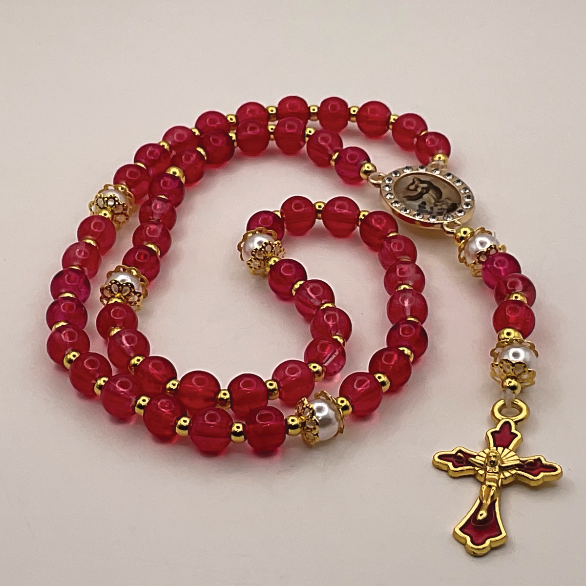 Red Pearl Small Full 5 Decade Gold Rosary