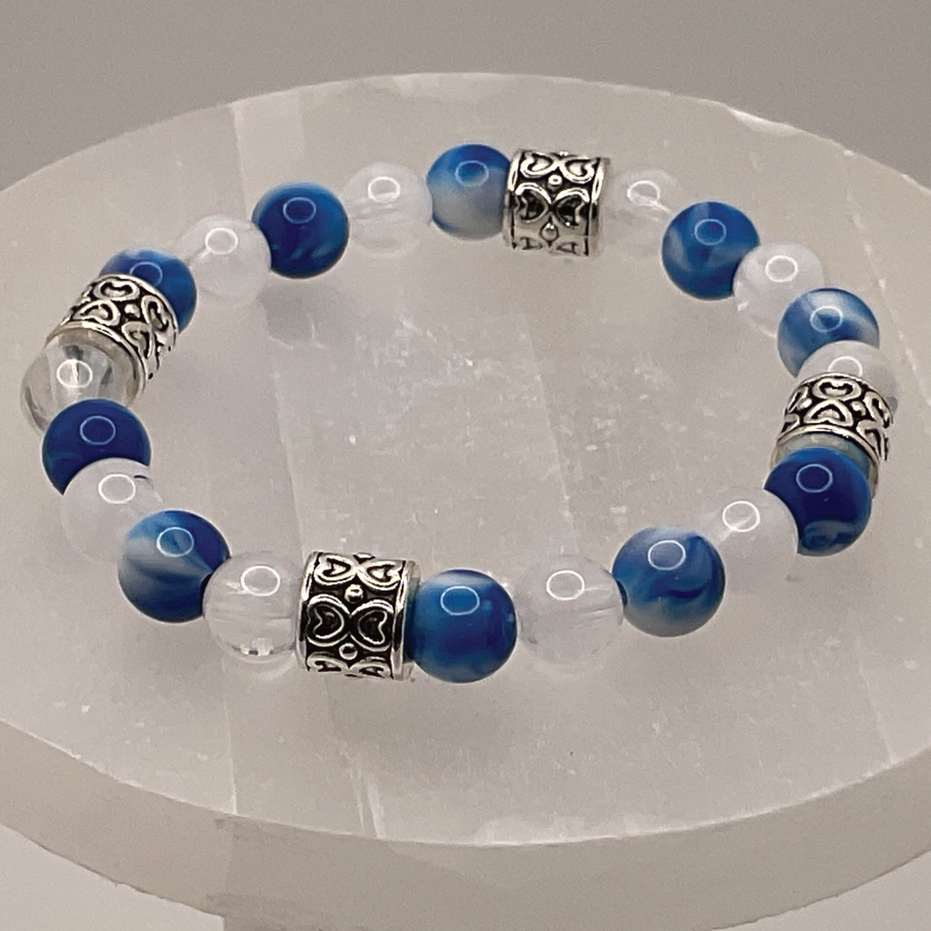 Milky Quartz Blue Dragon Vein Agate Bracelet with Silver Tone Barrel Spacers