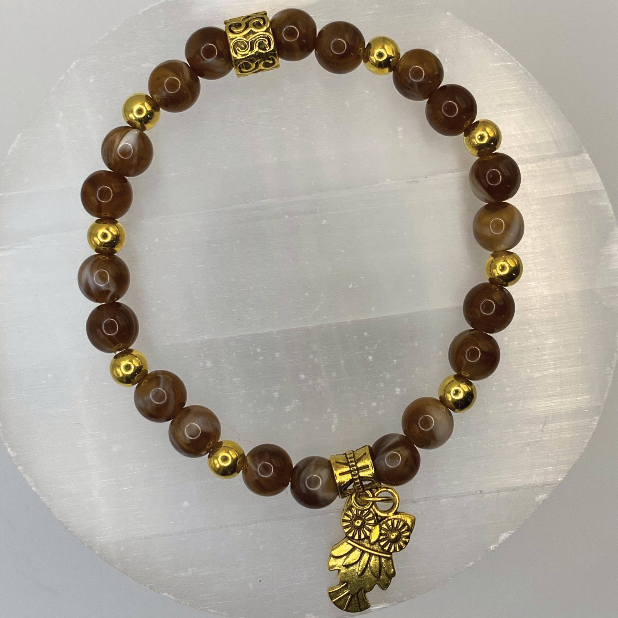 Chalcedony Owl Charm Bracelet with Gold Tone Spacers