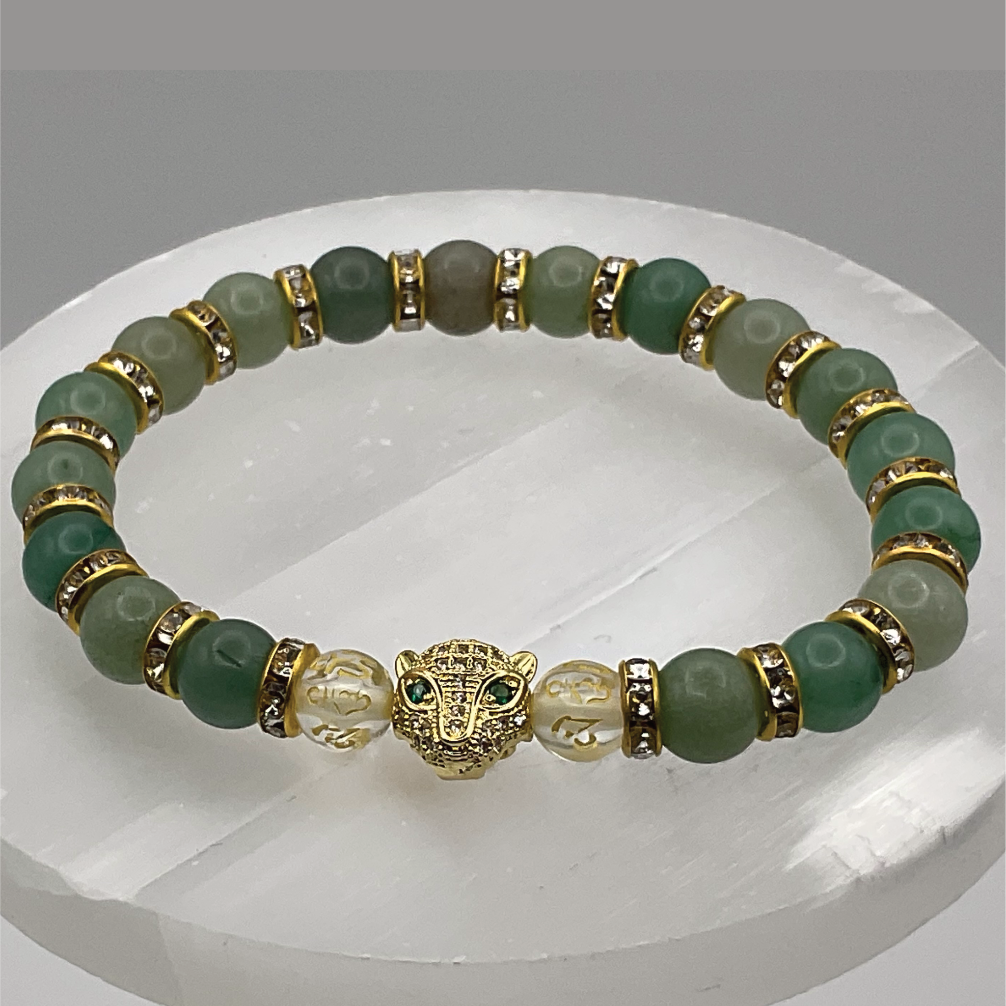 Green Chalcedony Clear Quartz Pixiu Panther Charm Bracelet with Gold Tone Crystal Spacers
