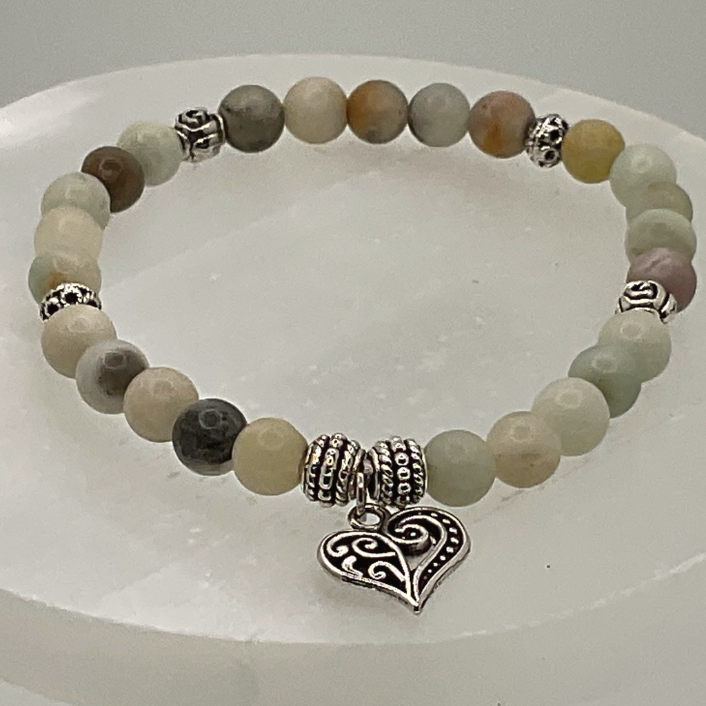 Dendritic Jasper Heart Charm Bracelet with Silver Spacers