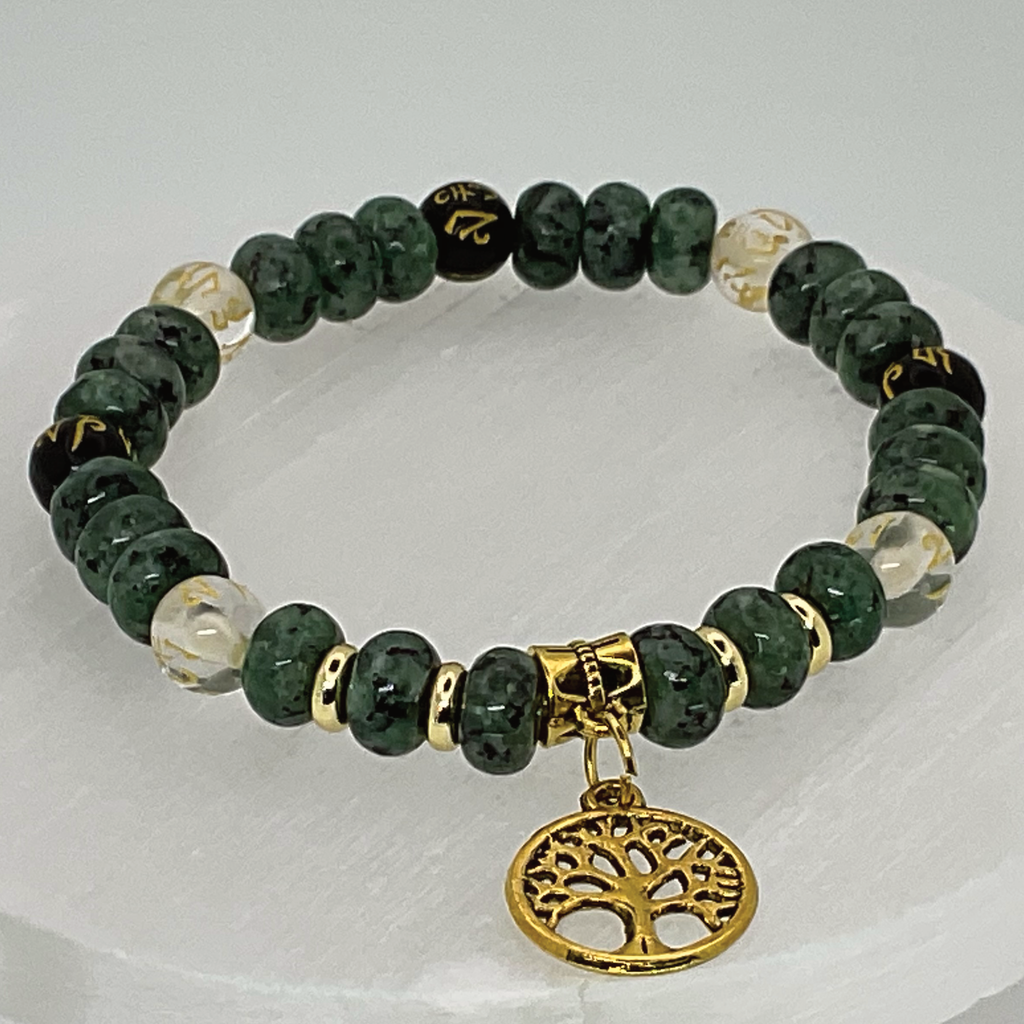 Pulsera de encanto del árbol de la vida de ágata negra citrina rubí en zoisita Pixiu con espaciadores dorados