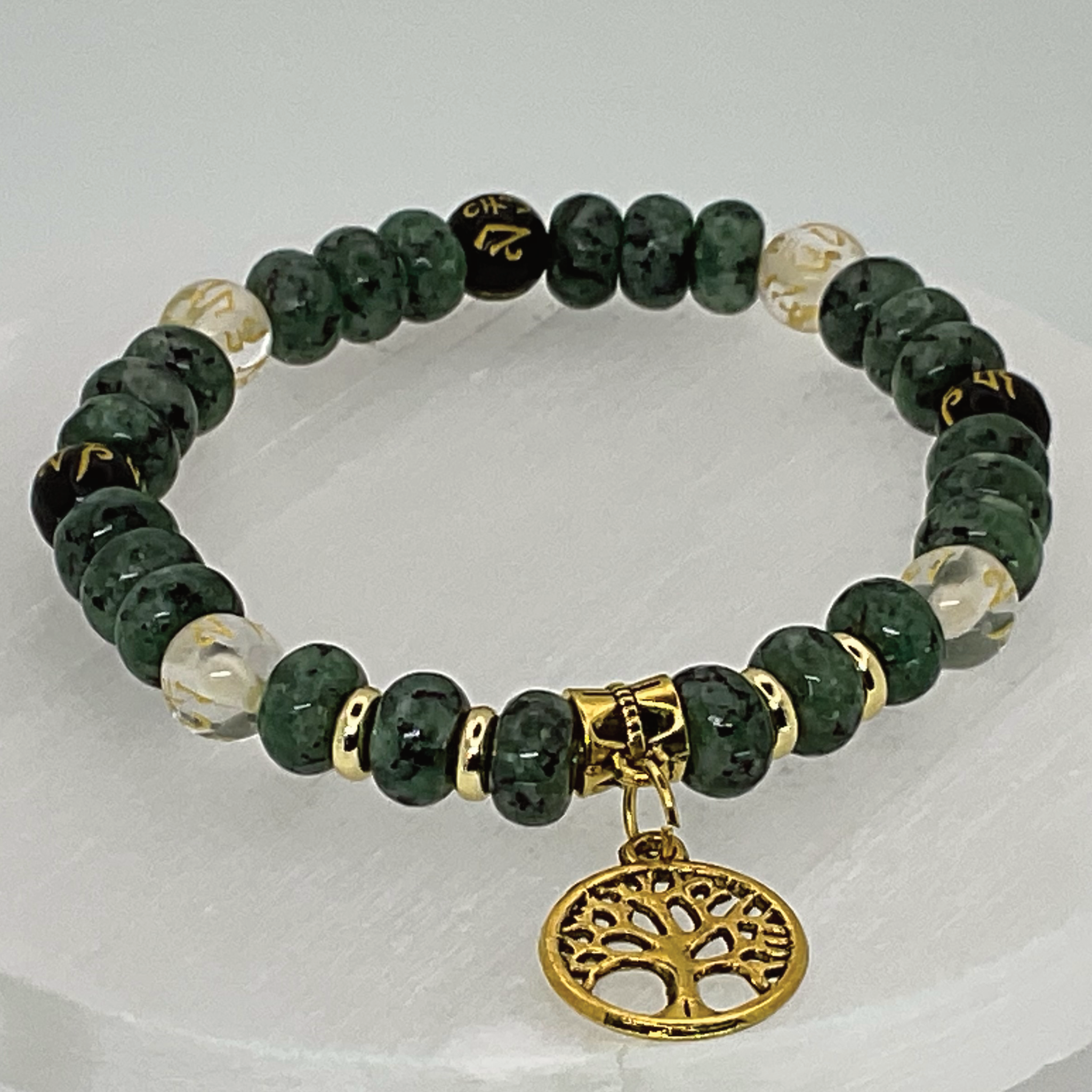 Pulsera de encanto del árbol de la vida de ágata negra citrina rubí en zoisita Pixiu con espaciadores dorados