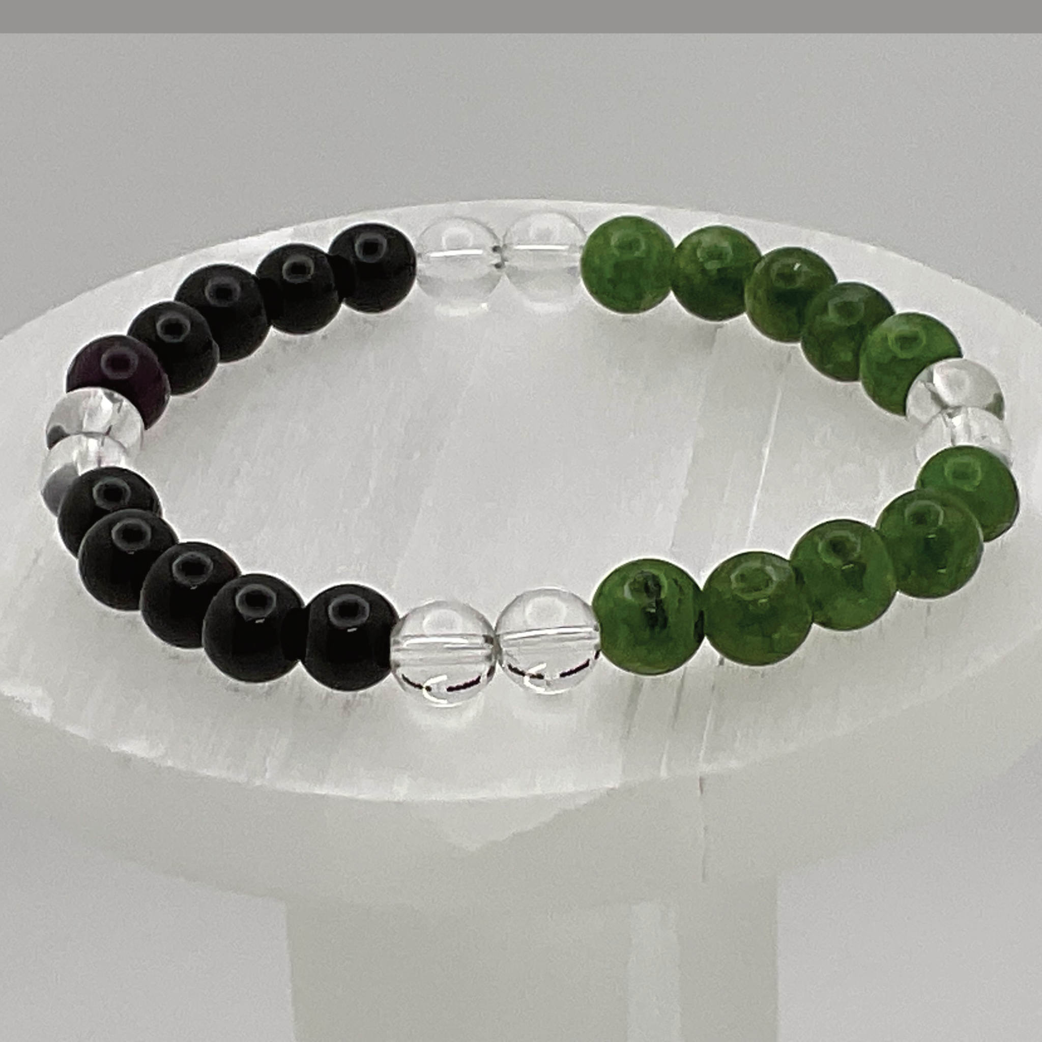 Pulsera de peridoto, ágata negra y cuarzo transparente