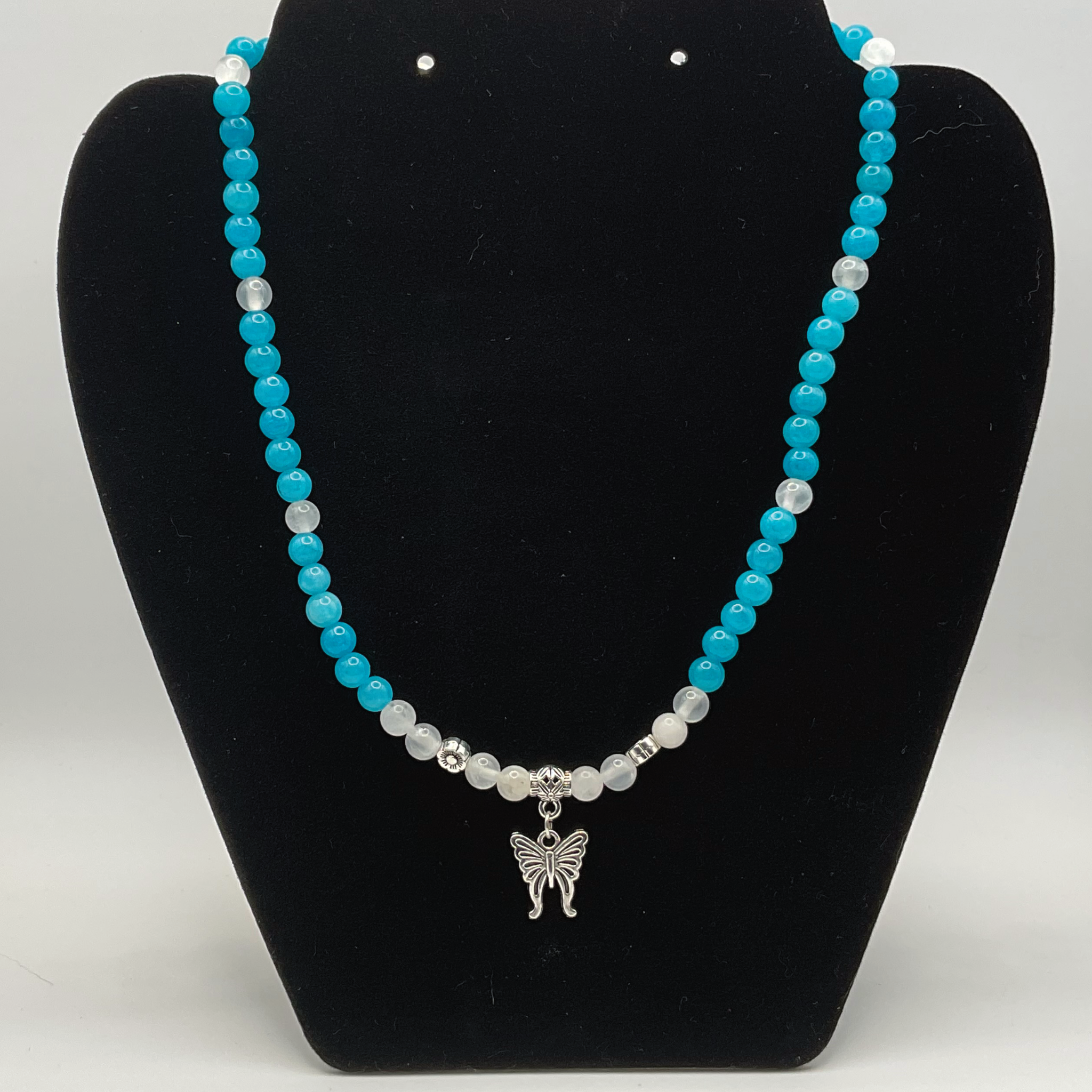 16" Blue Amazonite Milky Quartz Butterfly Necklace with Silver Tone Spacers