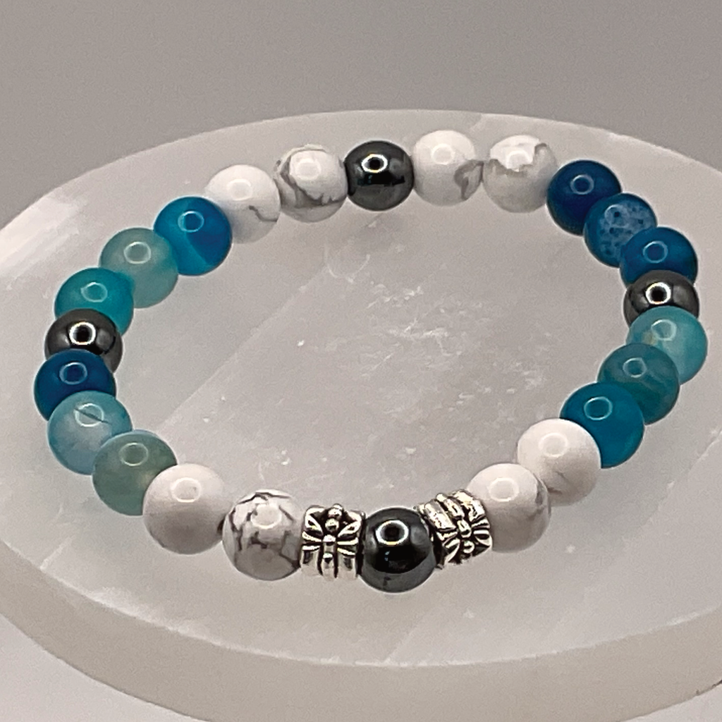 Blue Dragon Vein Agate Hematite Magnesite Bracelet with Silver Tone Spacers