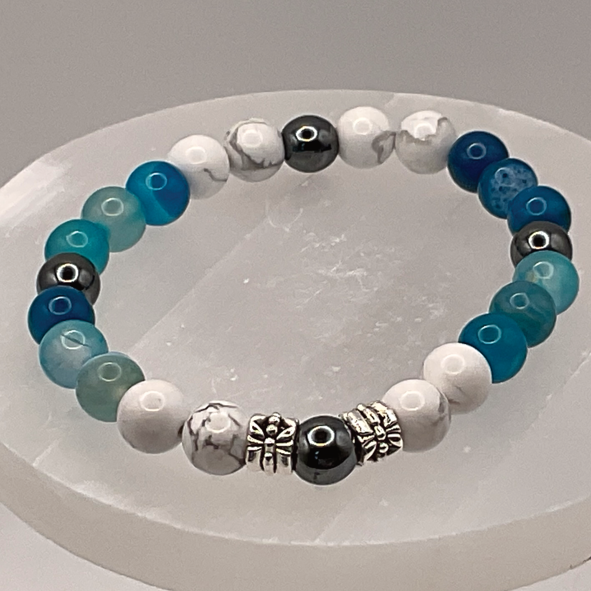 Blue Dragon Vein Agate Hematite Magnesite Bracelet with Silver Tone Spacers