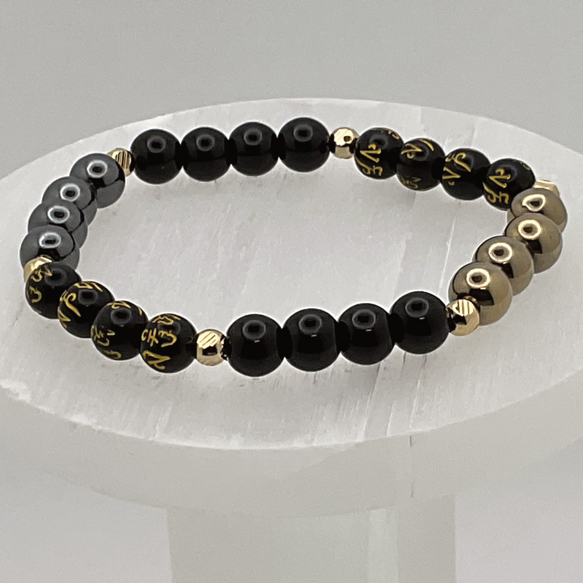 Pulsera Pixiu de Ágata Negra, Hematita Dorada y Plateada, y Citrino con Separadores Dorados