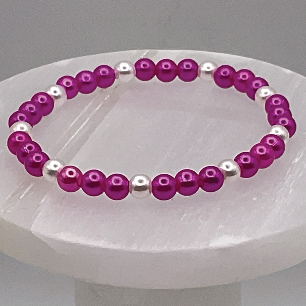 Dark Pink Glass Bracelet with Pearl Spacers