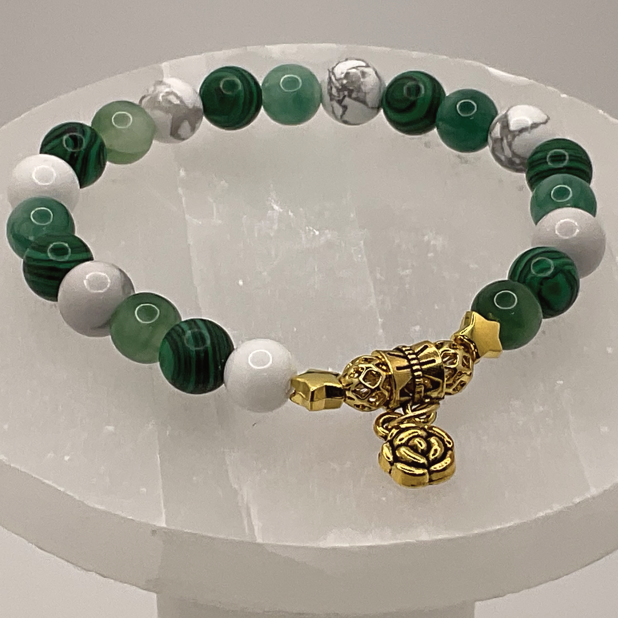 Magnesite Green Chalcedony Malachite Blossom Charm Bracelet with Gold Tone Star Spacers