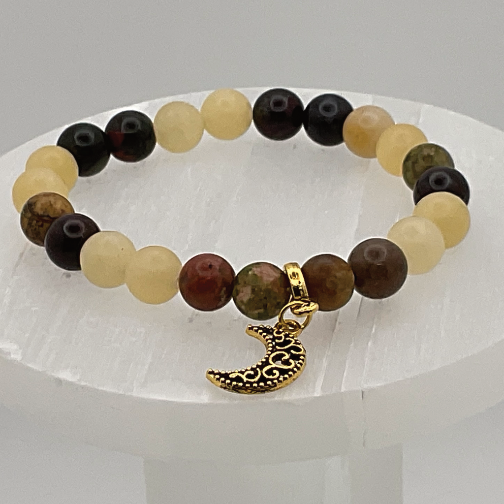 Pulsera de cuarzo verde, serpentina amarilla, unakita y dije de luna