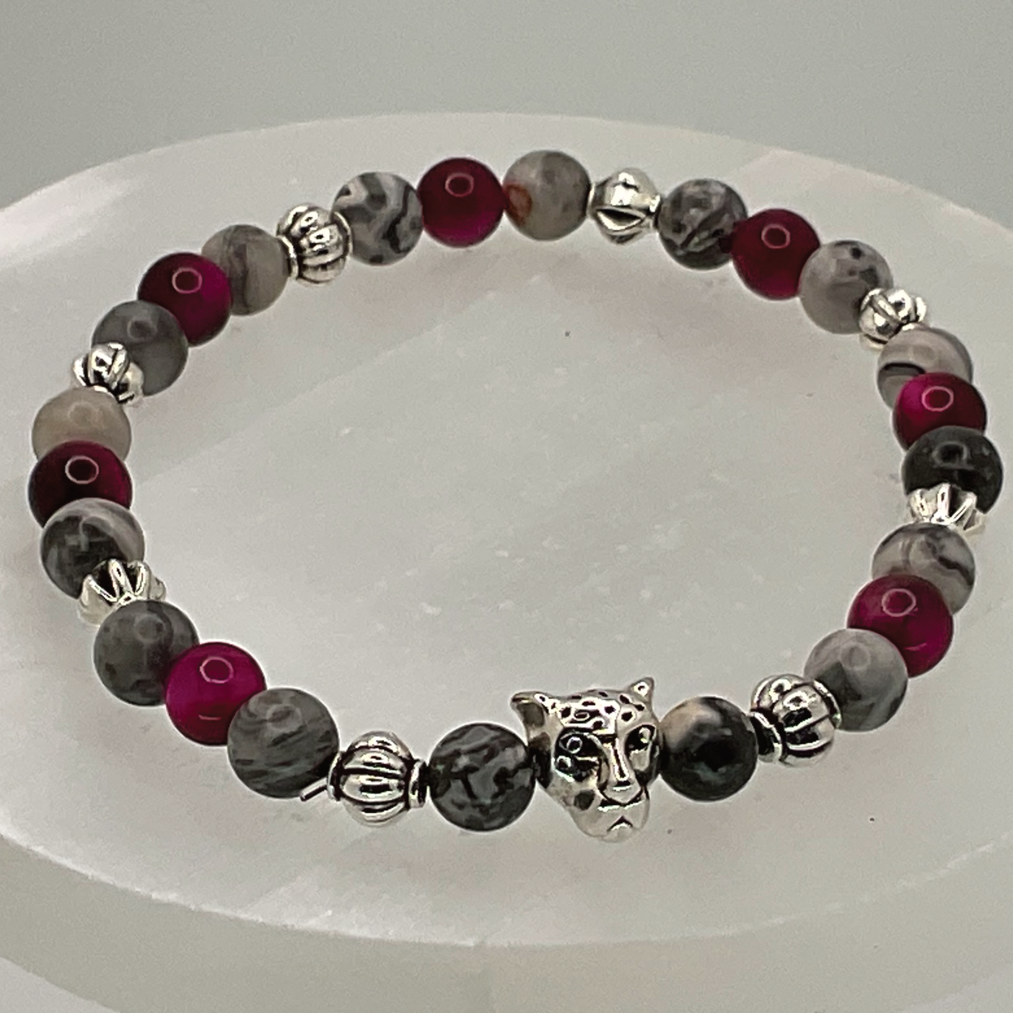 Pink Dragon Vein Agate Picasso Stone Jaguar Charm Bracelet with Silver Spacers