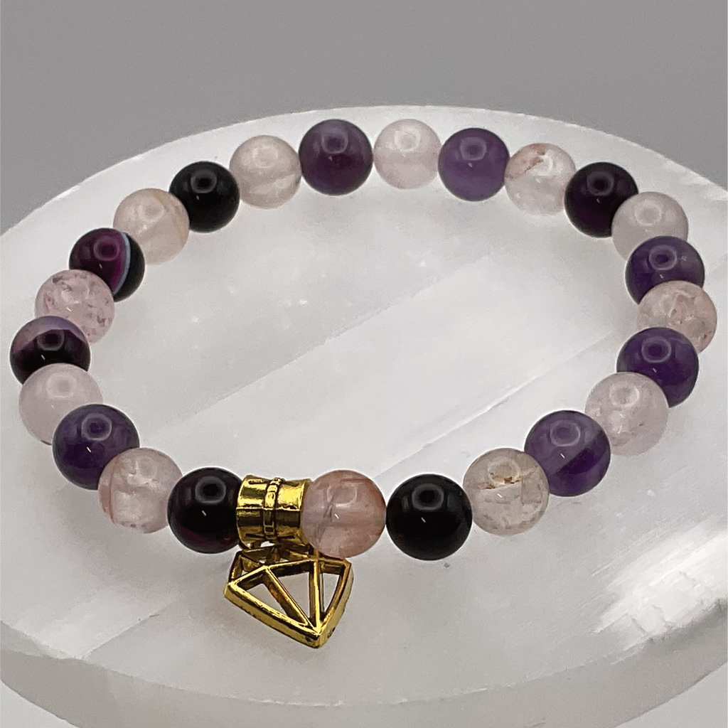 Black Agate, Milky Quartz, Amethyst Charm Bracelet