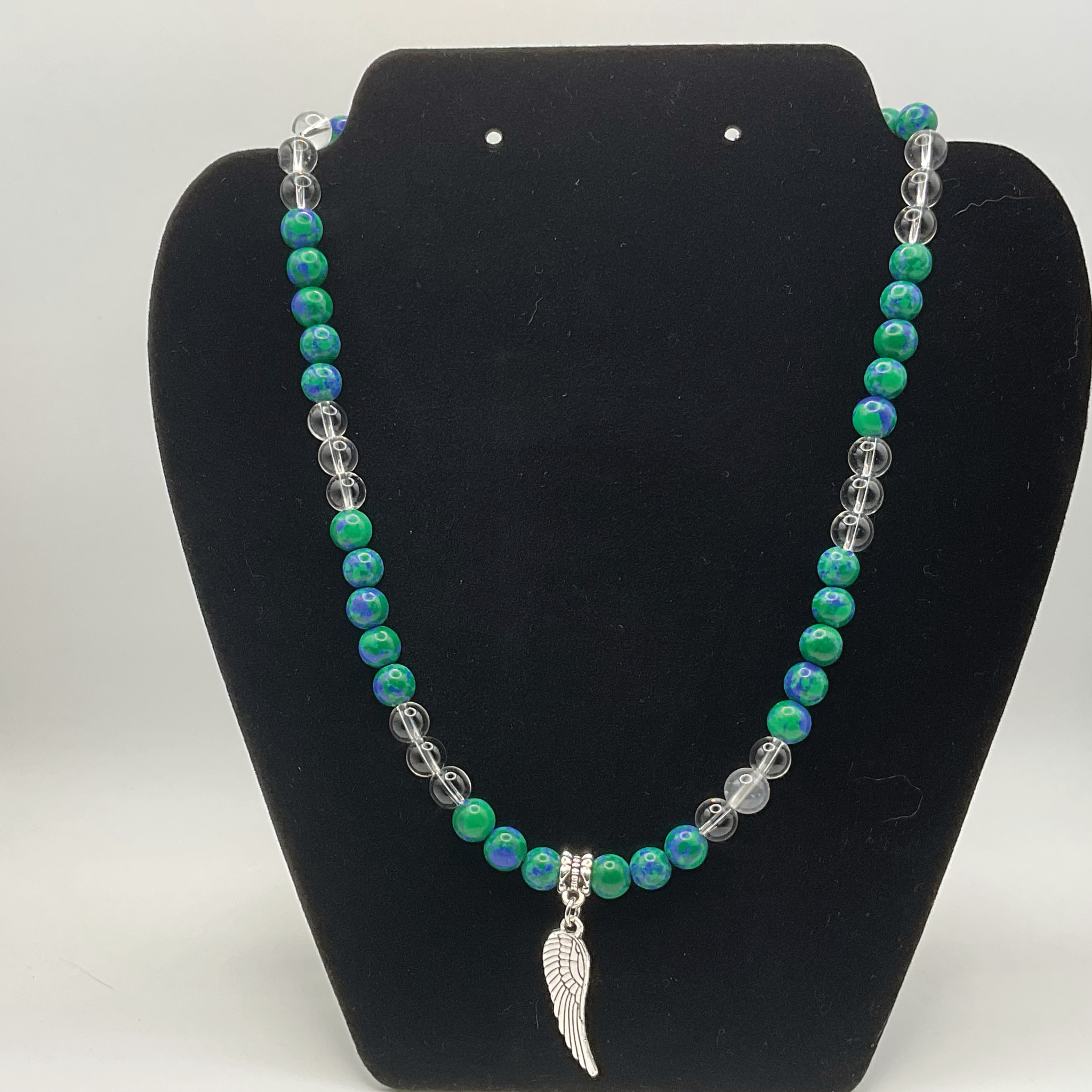 18" Clear Quartz Azurite Angel Wing Charm Necklace