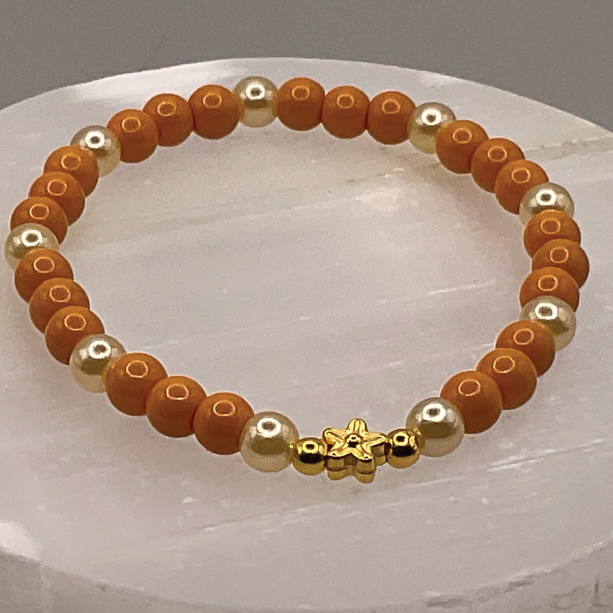 Orange Golden Glass Bracelet with Gold Star Spacers