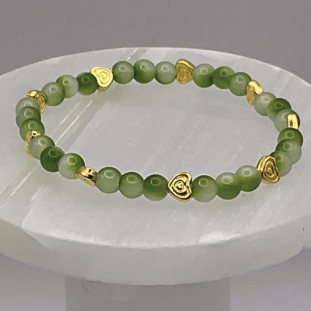Cloudy Green Glass Bracelet with Gold Heart Spacers