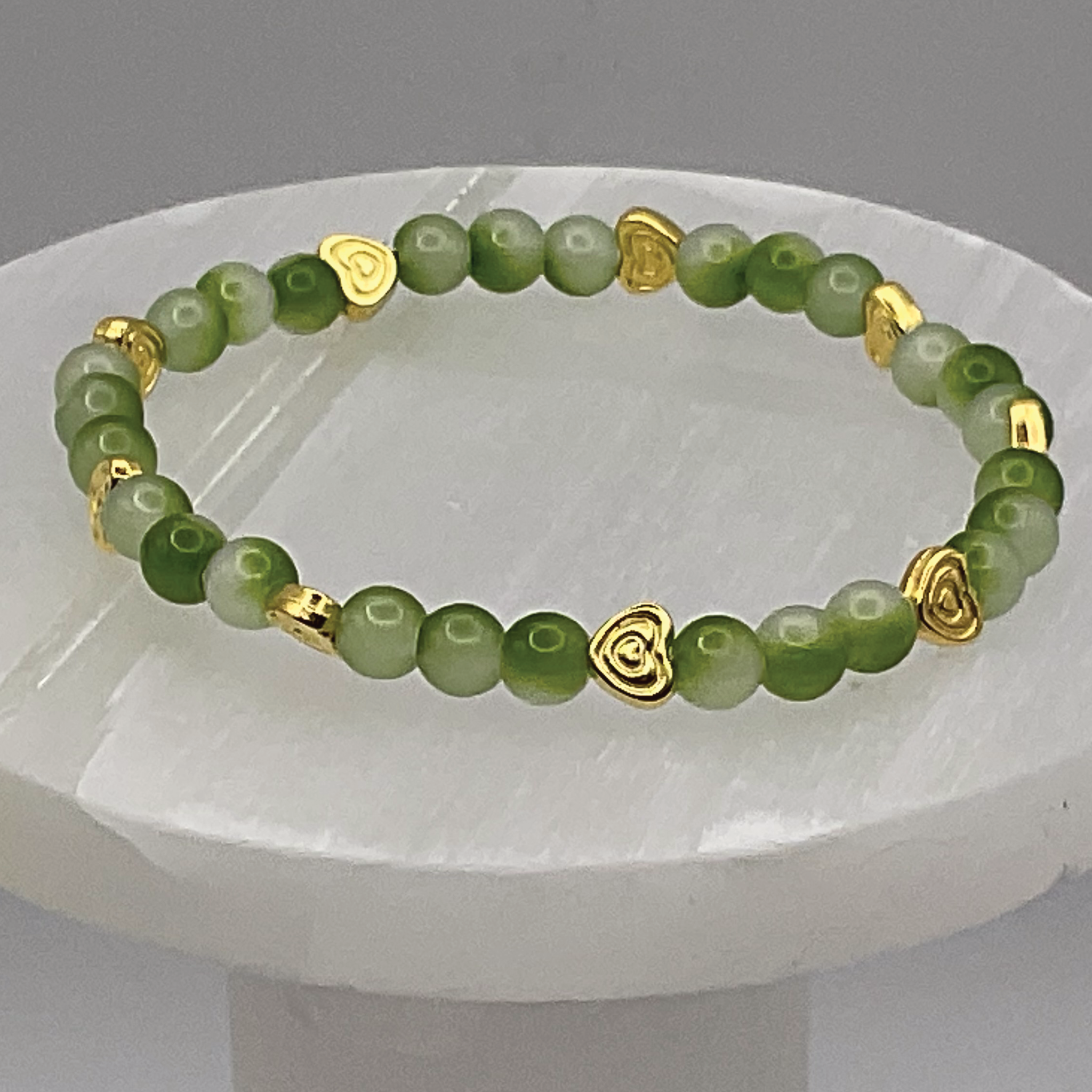Cloudy Green Glass Bracelet with Gold Heart Spacers
