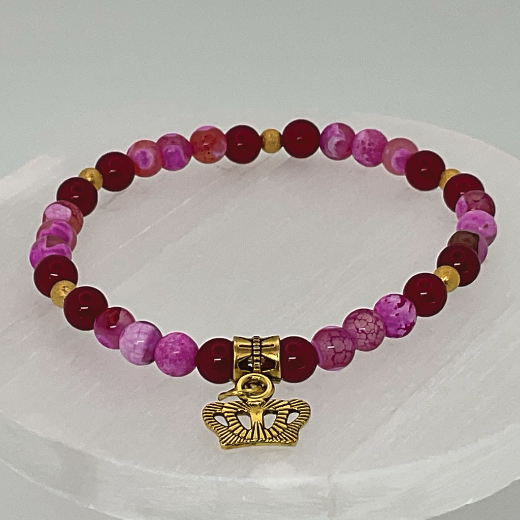 Pink Dragon Vein Agate Golden Crown Charm Bracelet with Gold Spacers