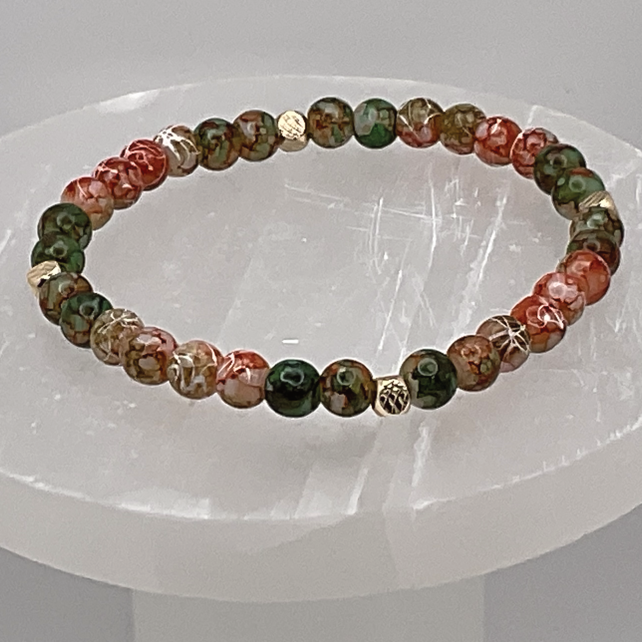 Carnelian Agate Green Dragon Agate Bracelet with Gold Spacers